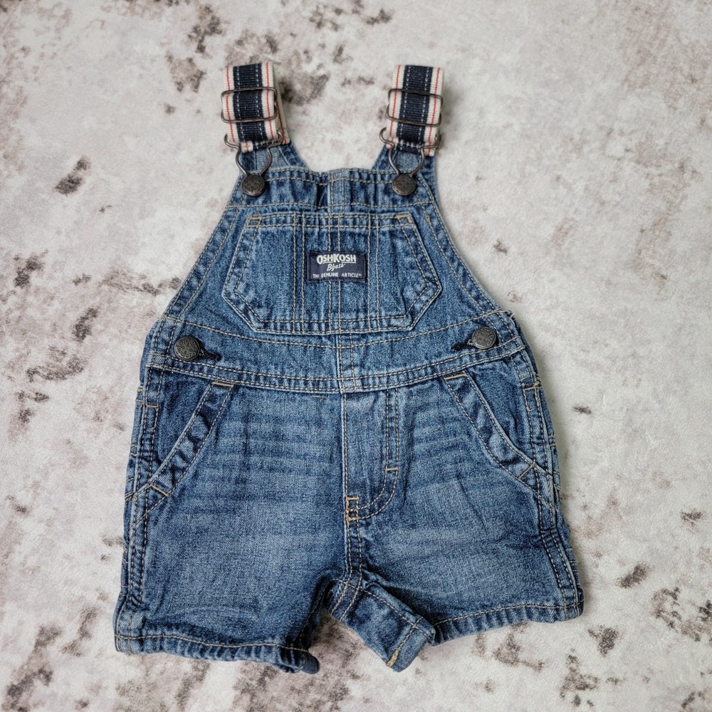 OshKosh Bgosh Baby Boy Denim Shortalls Overalls 3M Medium Wash Elastic Straps